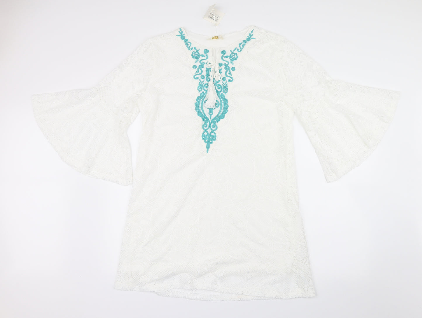 JCL Womens White Geometric Lace Shirt Dress  Size L