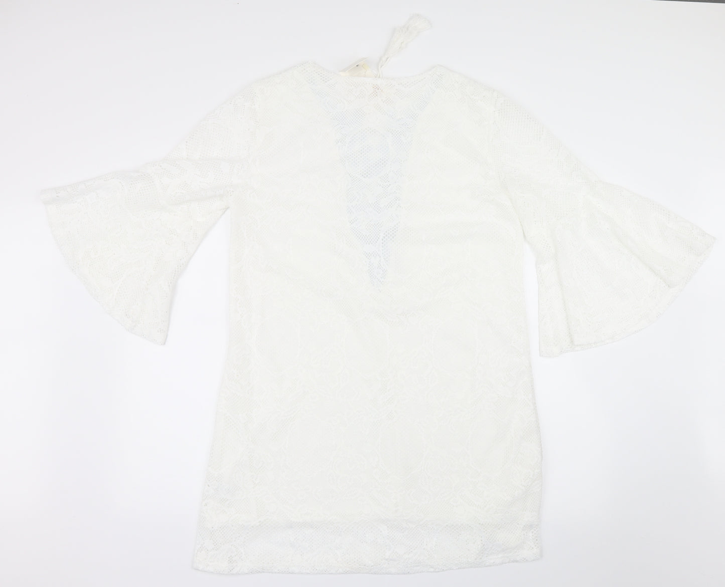 JCL Womens White Geometric Lace Shirt Dress  Size L