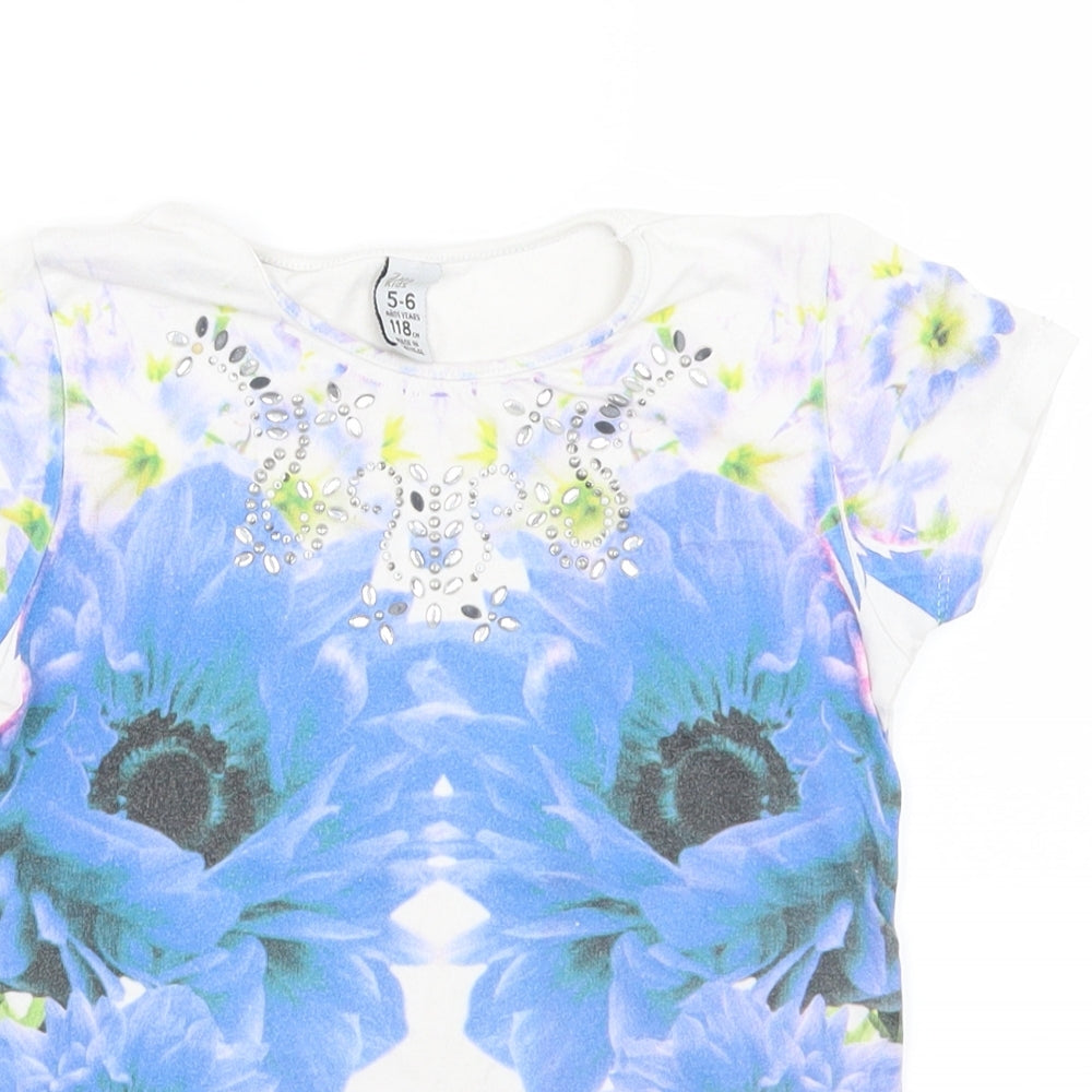 Zara Girls Blue Floral  Basic T-Shirt Size 5-6 Years