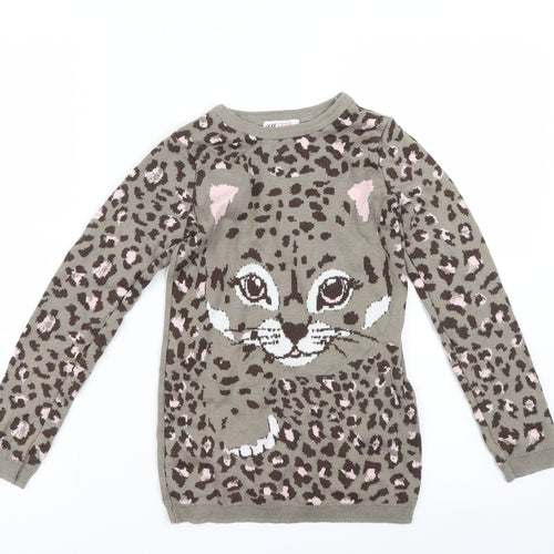 H&M Girls Brown Animal Print Knit Pullover Jumper Size 7-8 Years