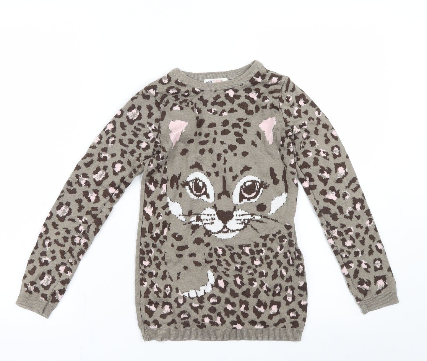 H&M Girls Brown Animal Print Knit Pullover Jumper Size 7-8 Years