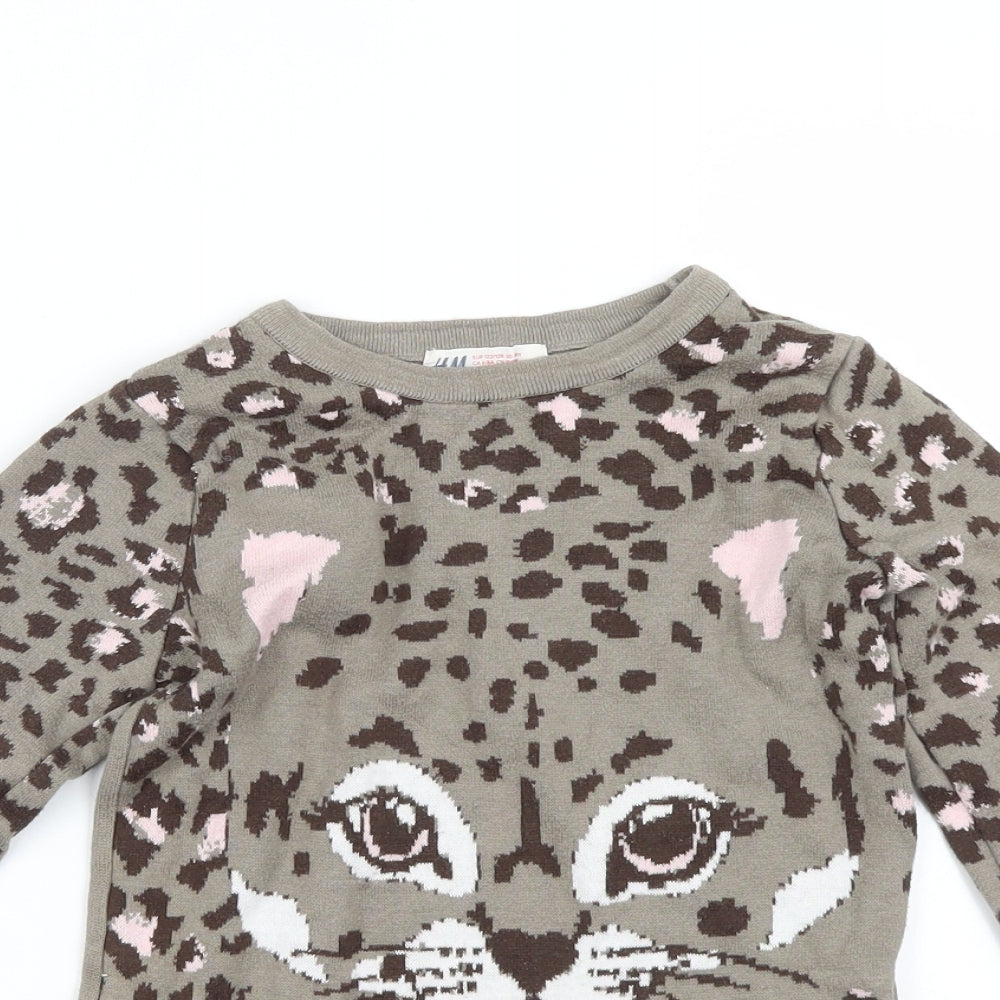 H&M Girls Brown Animal Print Knit Pullover Jumper Size 7-8 Years