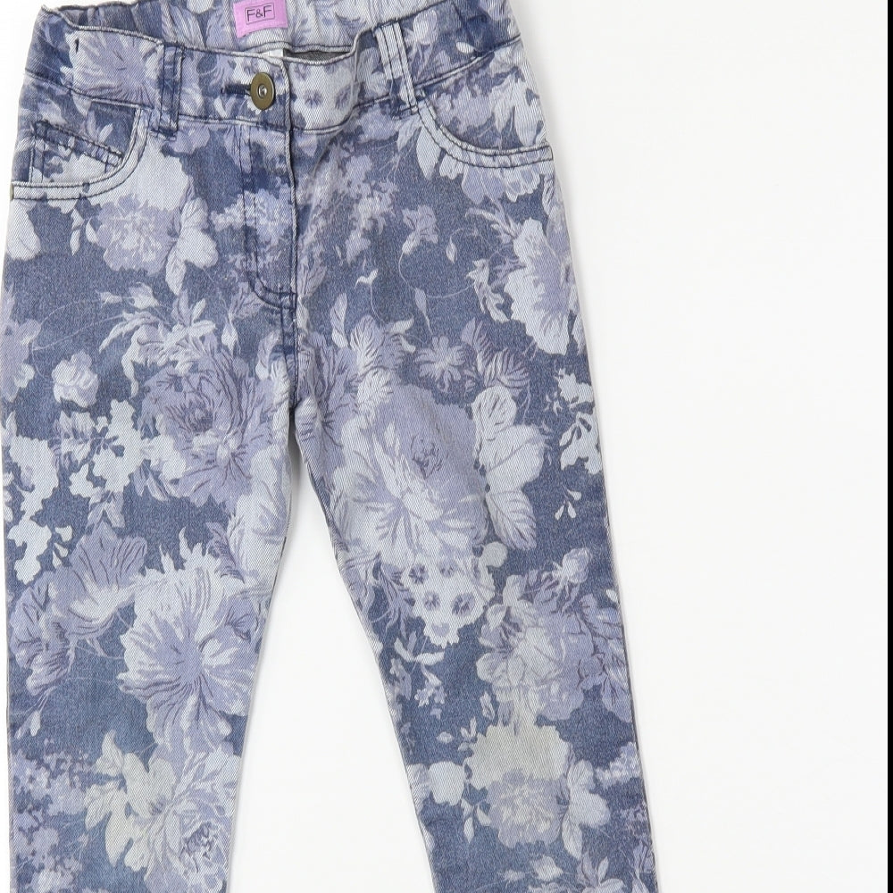 F&F Girls Blue Floral Denim Skinny Jeans Size 5-6 Years