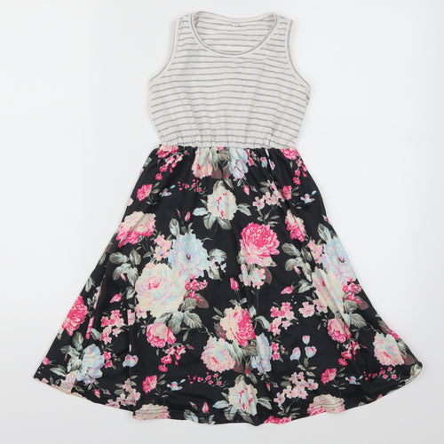 Preworn Girls Multicoloured Floral  Skater Dress  Size 6-7 Years  - Striped
