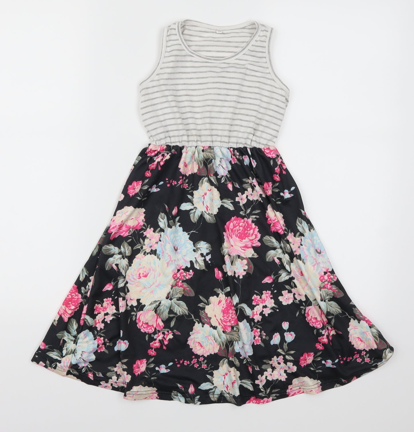 Preworn Girls Multicoloured Floral  Skater Dress  Size 6-7 Years  - Striped