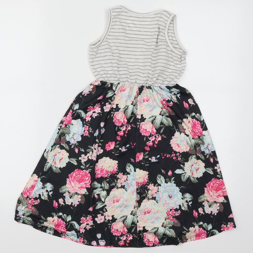 Preworn Girls Multicoloured Floral  Skater Dress  Size 6-7 Years  - Striped
