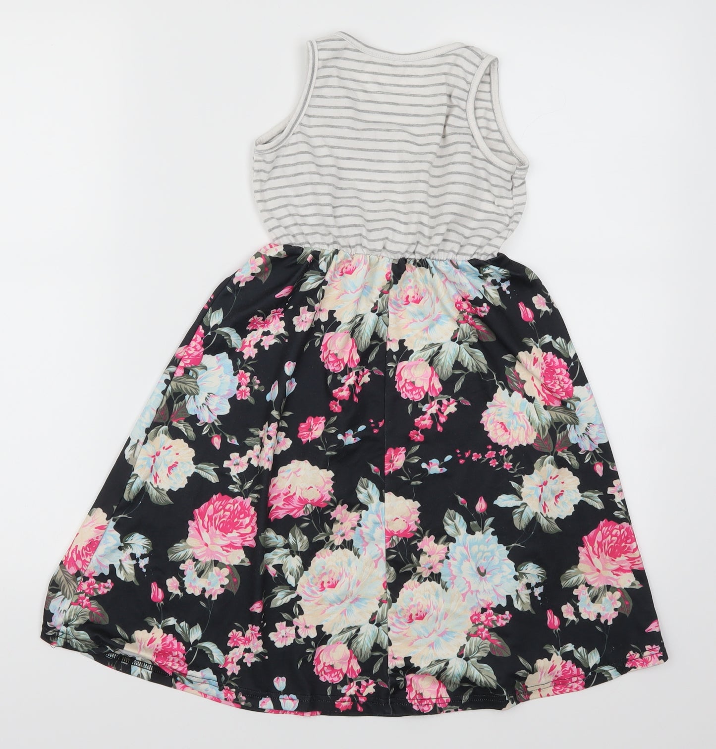 Preworn Girls Multicoloured Floral  Skater Dress  Size 6-7 Years  - Striped