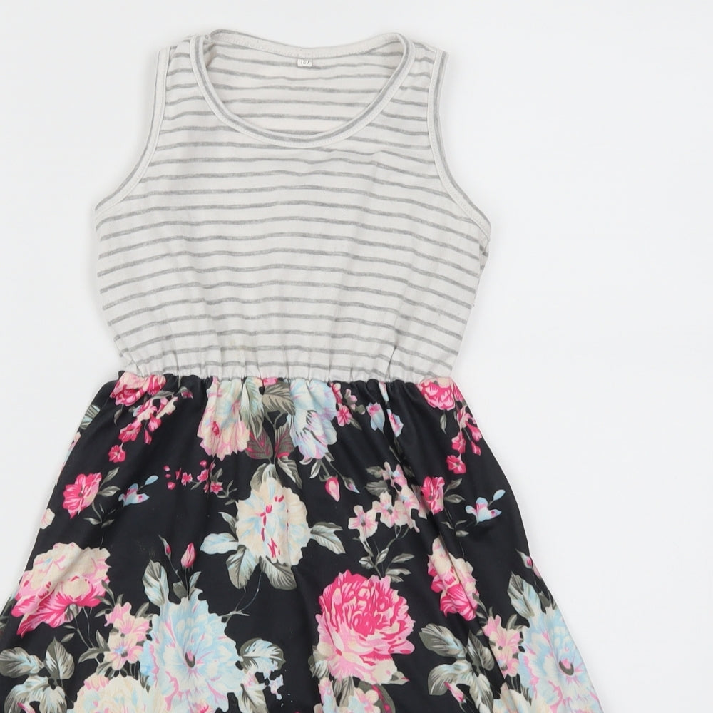 Preworn Girls Multicoloured Floral  Skater Dress  Size 6-7 Years  - Striped