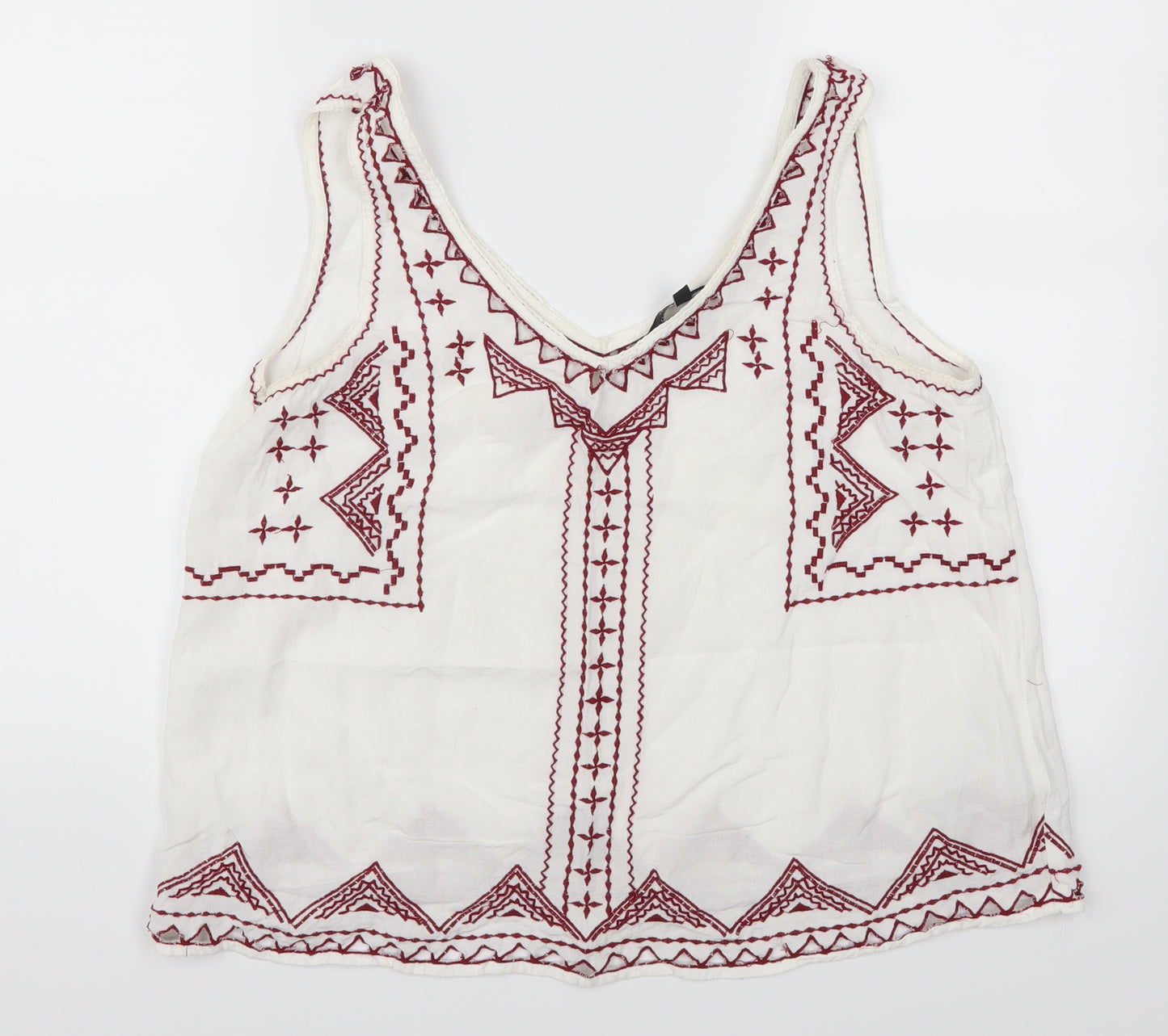 New Look Womens White Geometric  Basic Tank Size 12  - Red Embroidery