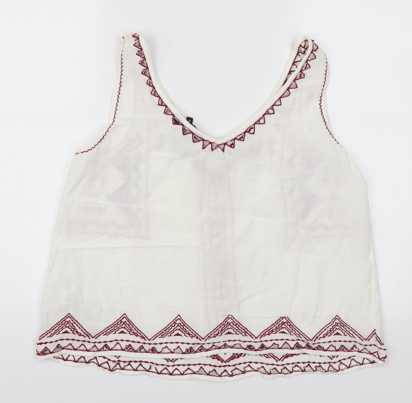 New Look Womens White Geometric  Basic Tank Size 12  - Red Embroidery