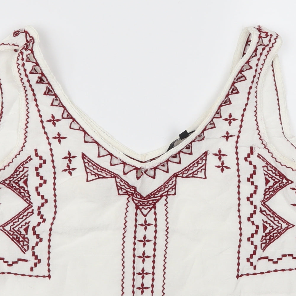 New Look Womens White Geometric  Basic Tank Size 12  - Red Embroidery