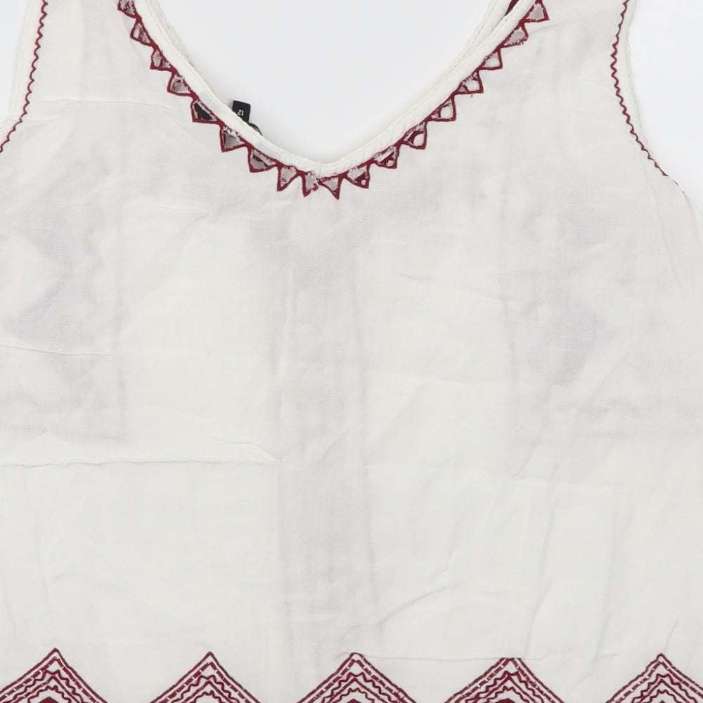 New Look Womens White Geometric  Basic Tank Size 12  - Red Embroidery