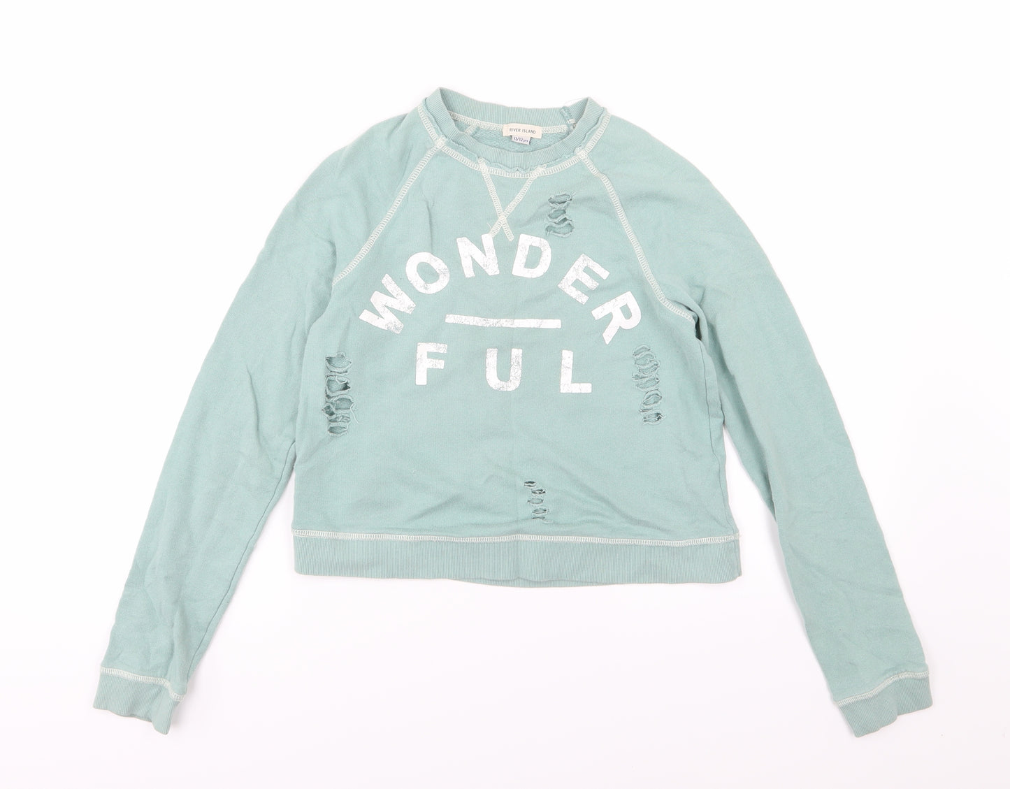 River Island Girls Green  Jersey Pullover Sweatshirt Size 11-12 Years  - Distressed