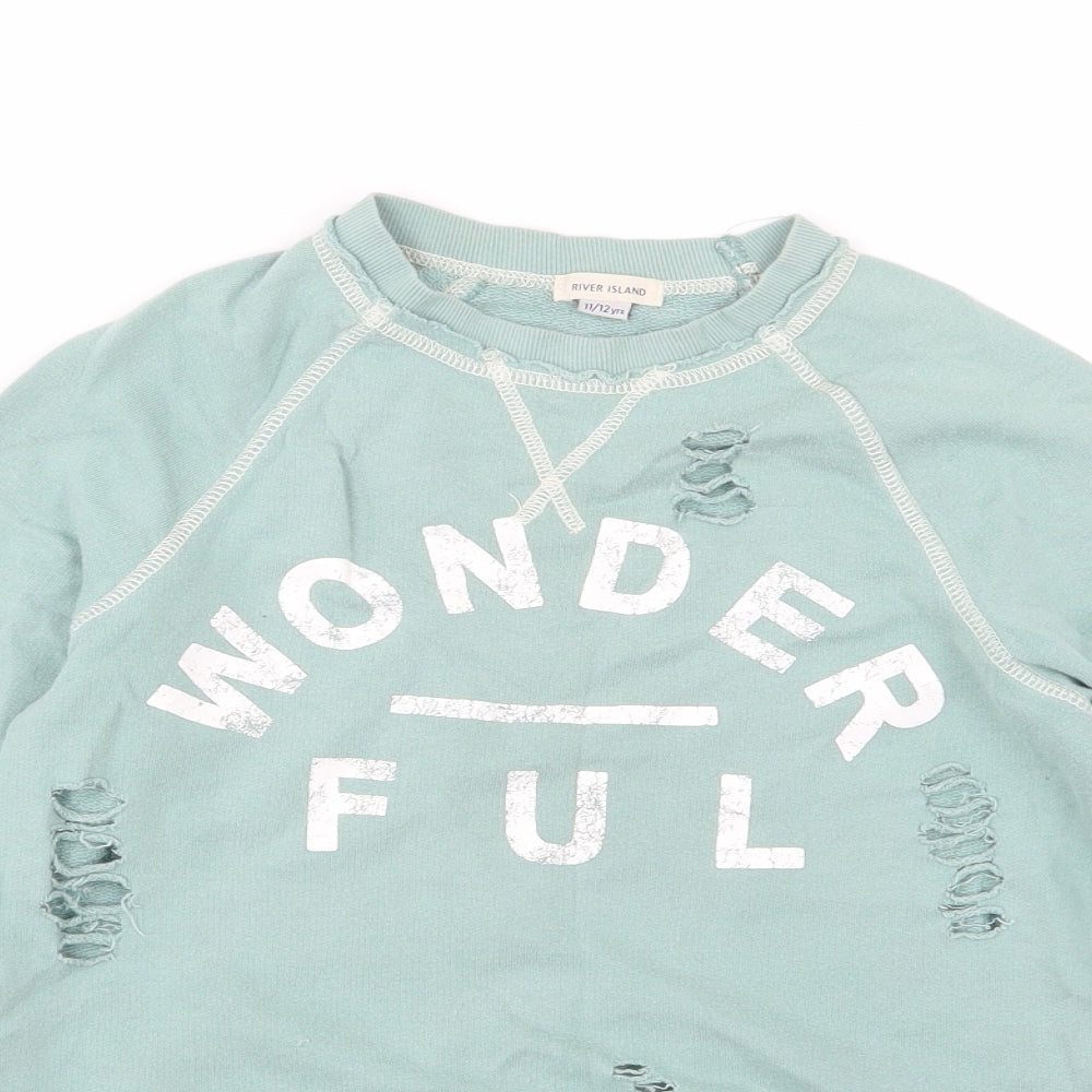 River Island Girls Green  Jersey Pullover Sweatshirt Size 11-12 Years  - Distressed