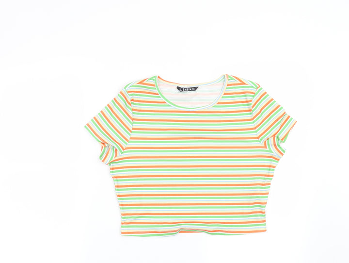 SheIn Womens Green Striped Basic T-Shirt Size L