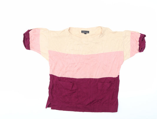 Front view of WAREHOSUE women’s multicoloured striped jumper, size UK 8