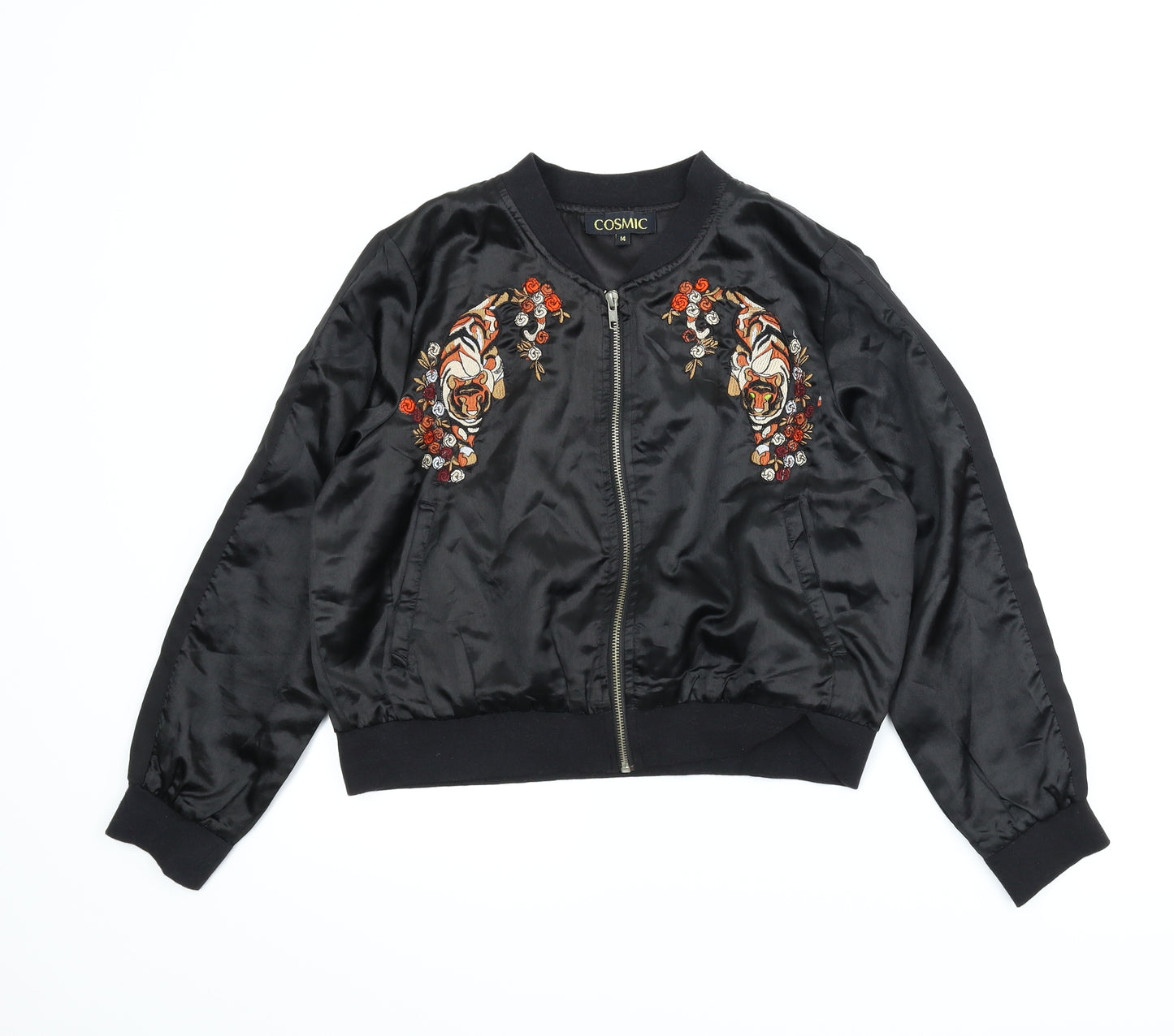 Cosmic Womens Black Animal Print  Bomber Jacket Jacket Size 14