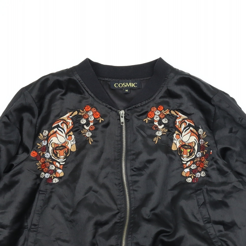 Cosmic Womens Black Animal Print  Bomber Jacket Jacket Size 14