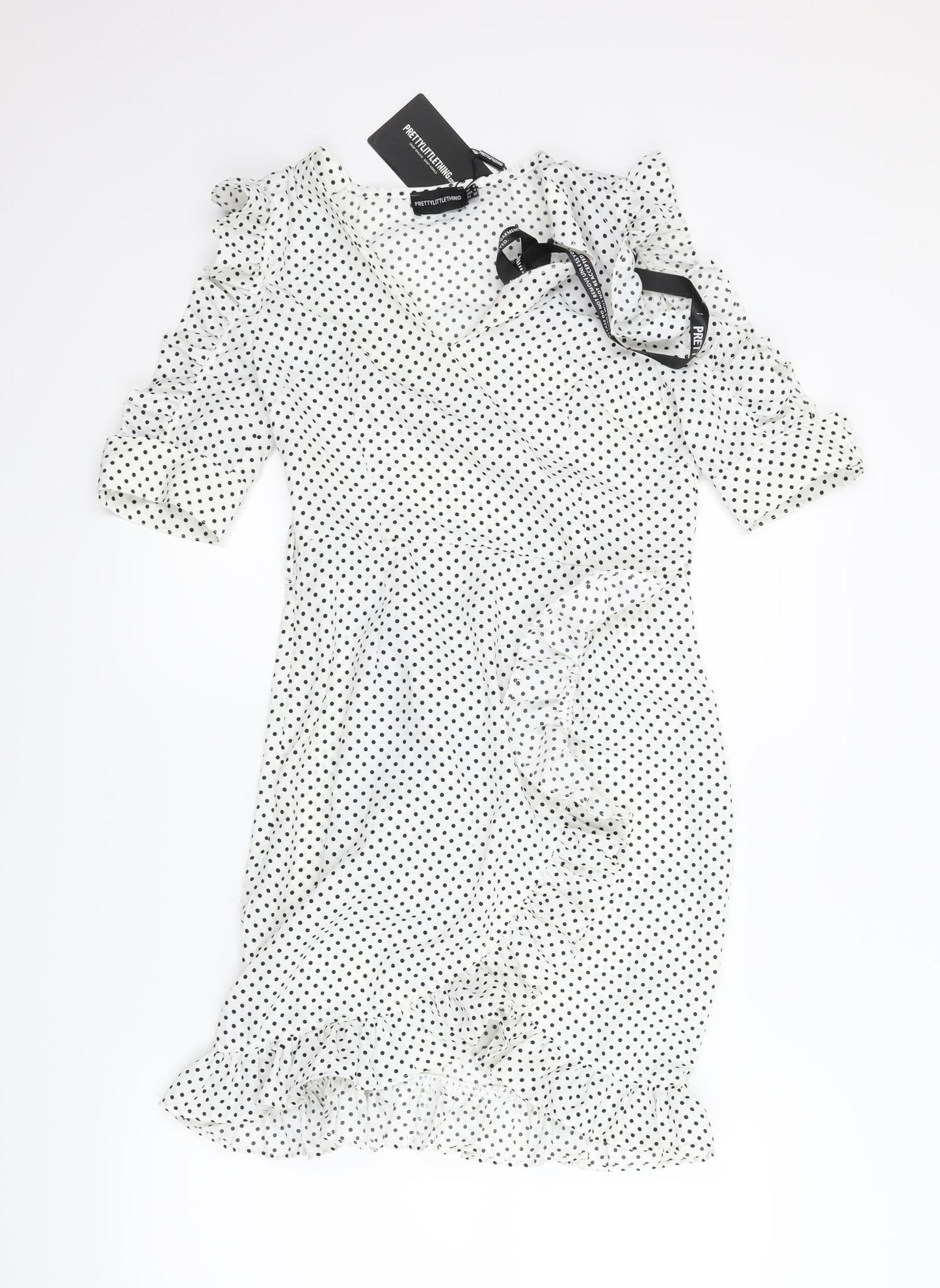 PRETTYLITTLETHING Womens White Polka Dot  Wrap Dress  Size 8