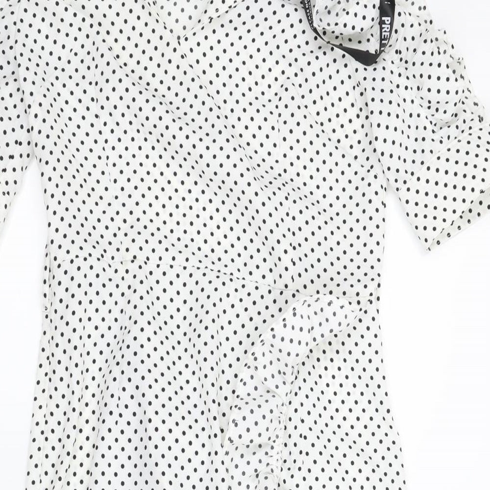 PRETTYLITTLETHING Womens White Polka Dot  Wrap Dress  Size 8