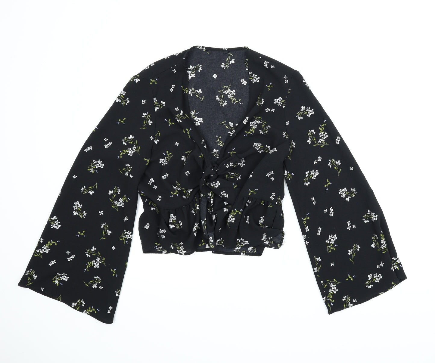 Preworn Womens Black Floral  Wrap Blouse Size M