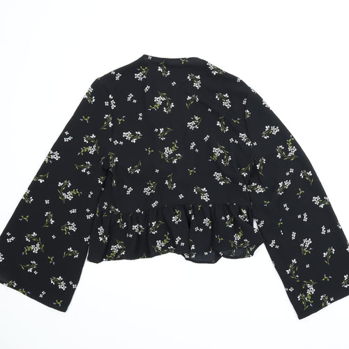 Preworn Womens Black Floral  Wrap Blouse Size M