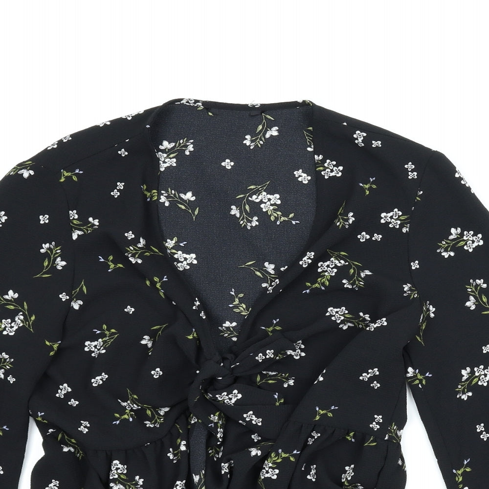 Preworn Womens Black Floral  Wrap Blouse Size M