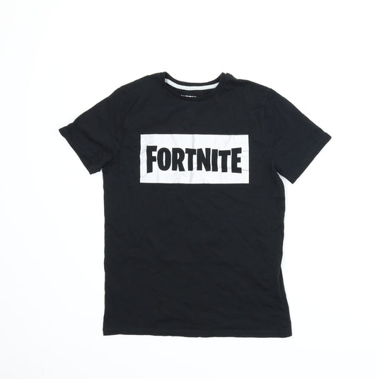 Front view of Primark boys’ black basic t-shirt, size M, - fortnite