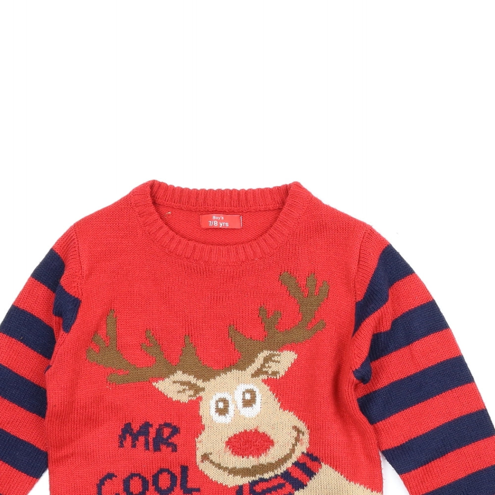 Boys Boys Red Animal Print  Pullover Jumper Size 7-8 Years  - Christmas