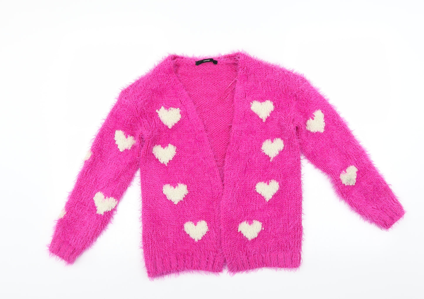 George Girls Pink   Cardigan Jumper Size 8-9 Years  - fluffy, heart pattern