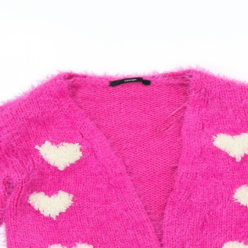George Girls Pink   Cardigan Jumper Size 8-9 Years  - fluffy, heart pattern