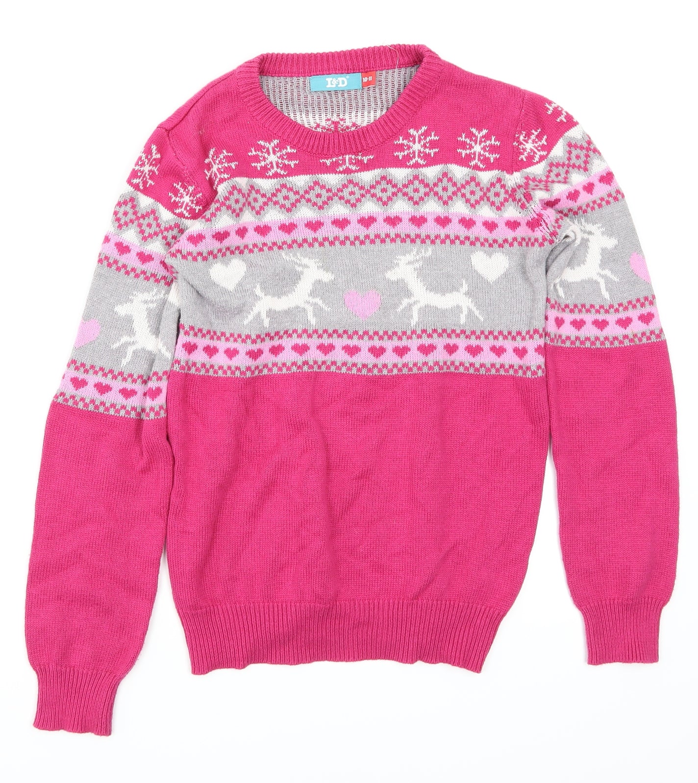 L&D Girls Pink Argyle/Diamond  Pullover Jumper Size 10-11 Years