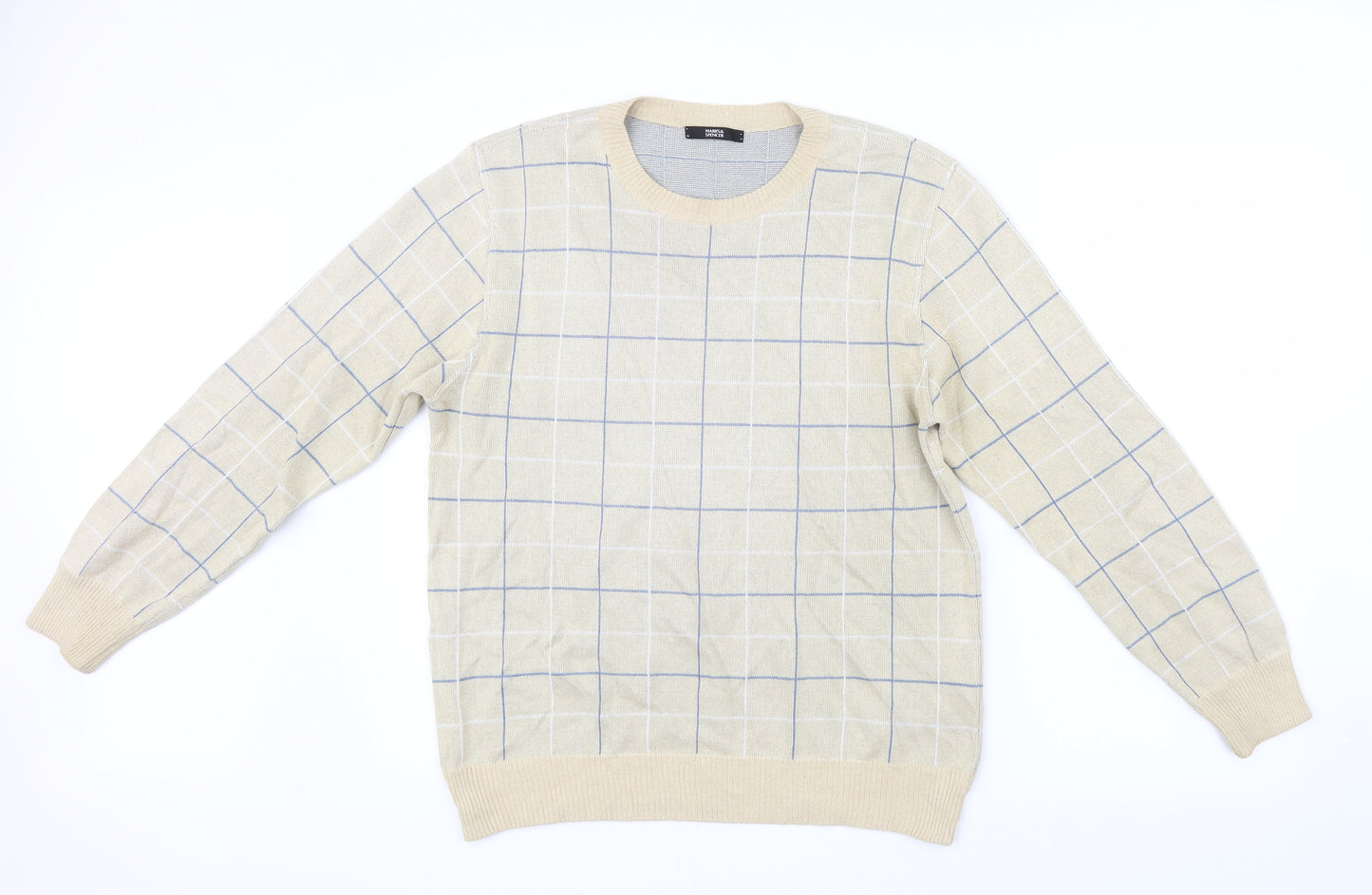 Marks and Spencer Mens Beige Check Knit Pullover Jumper Size S