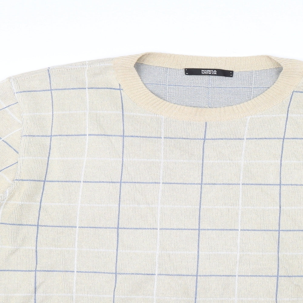 Marks and Spencer Mens Beige Check Knit Pullover Jumper Size S
