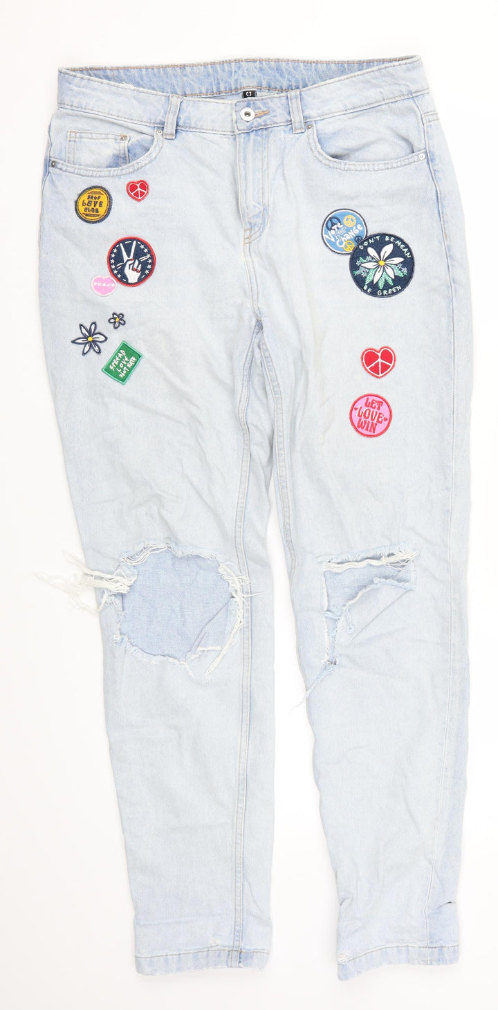H&M Womens Blue  Denim Straight Jeans Size 10 L29 in - Badges