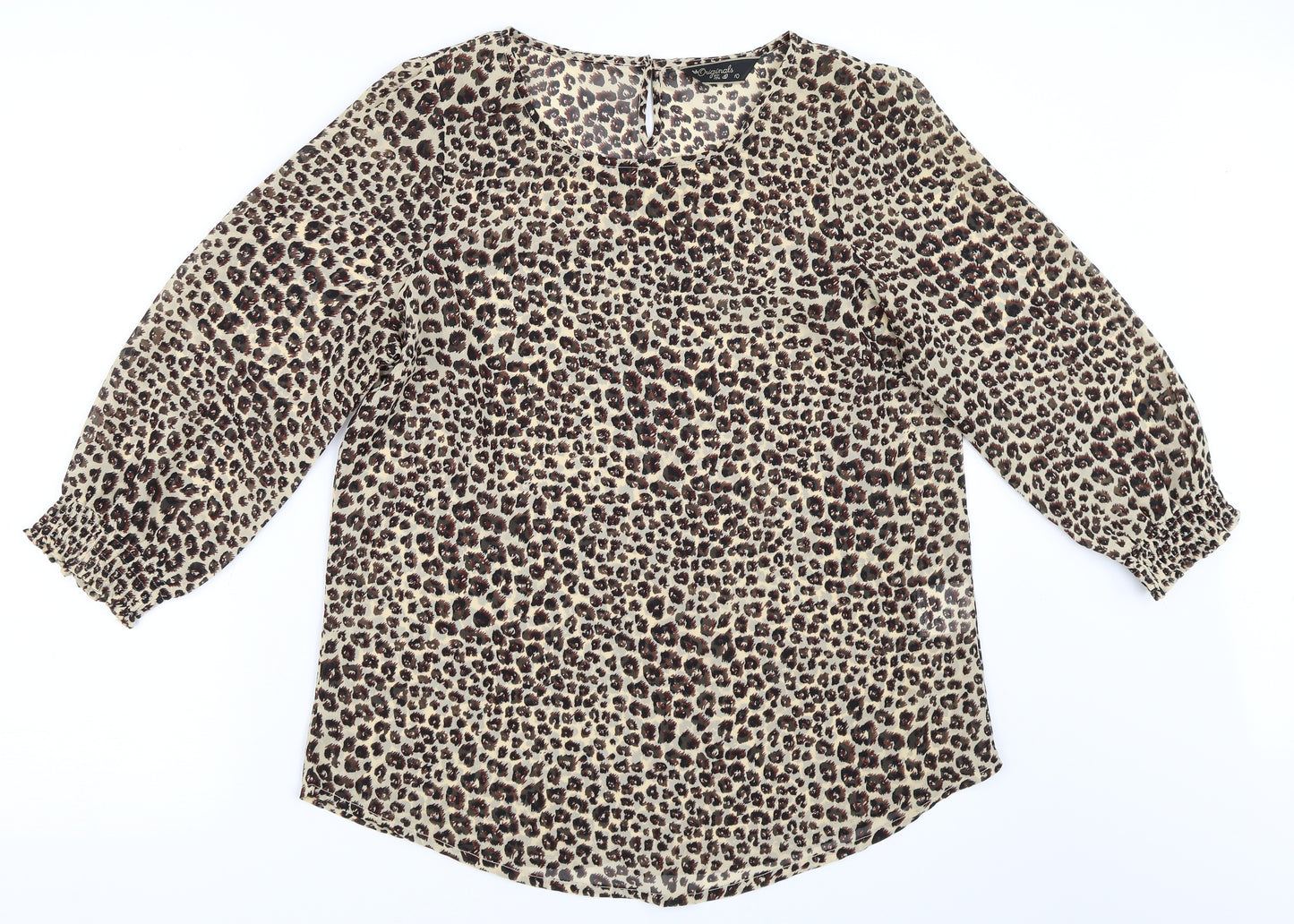 Preworn Womens Beige Animal Print  Basic Blouse Size 10  - Leopard print