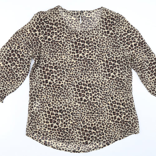 Preworn Womens Beige Animal Print  Basic Blouse Size 10  - Leopard print