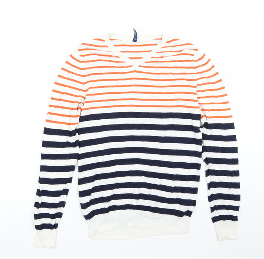 Front view of H&M men’s white striped jumper, size M