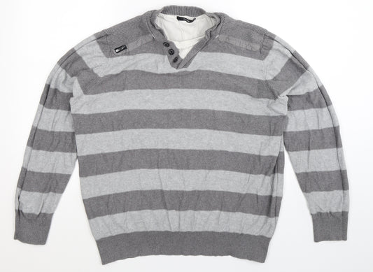 Front view of George men’s grey striped knit jumper, size XL