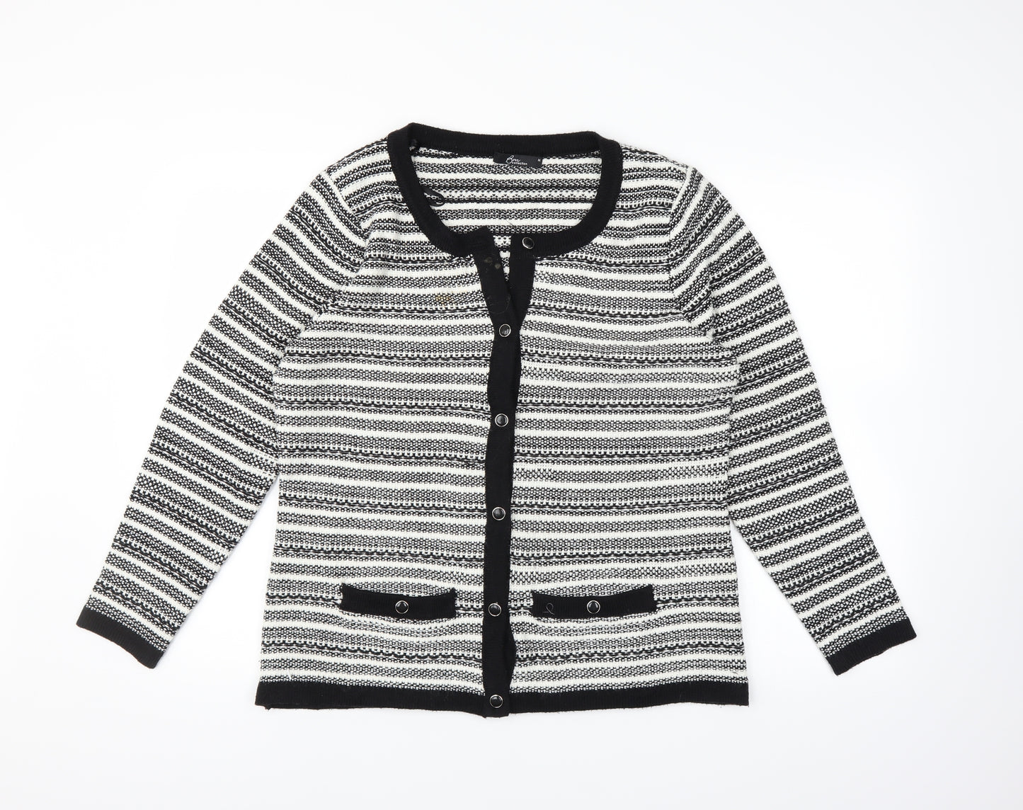BM Womens White Striped Knit Cardigan Jumper Size M