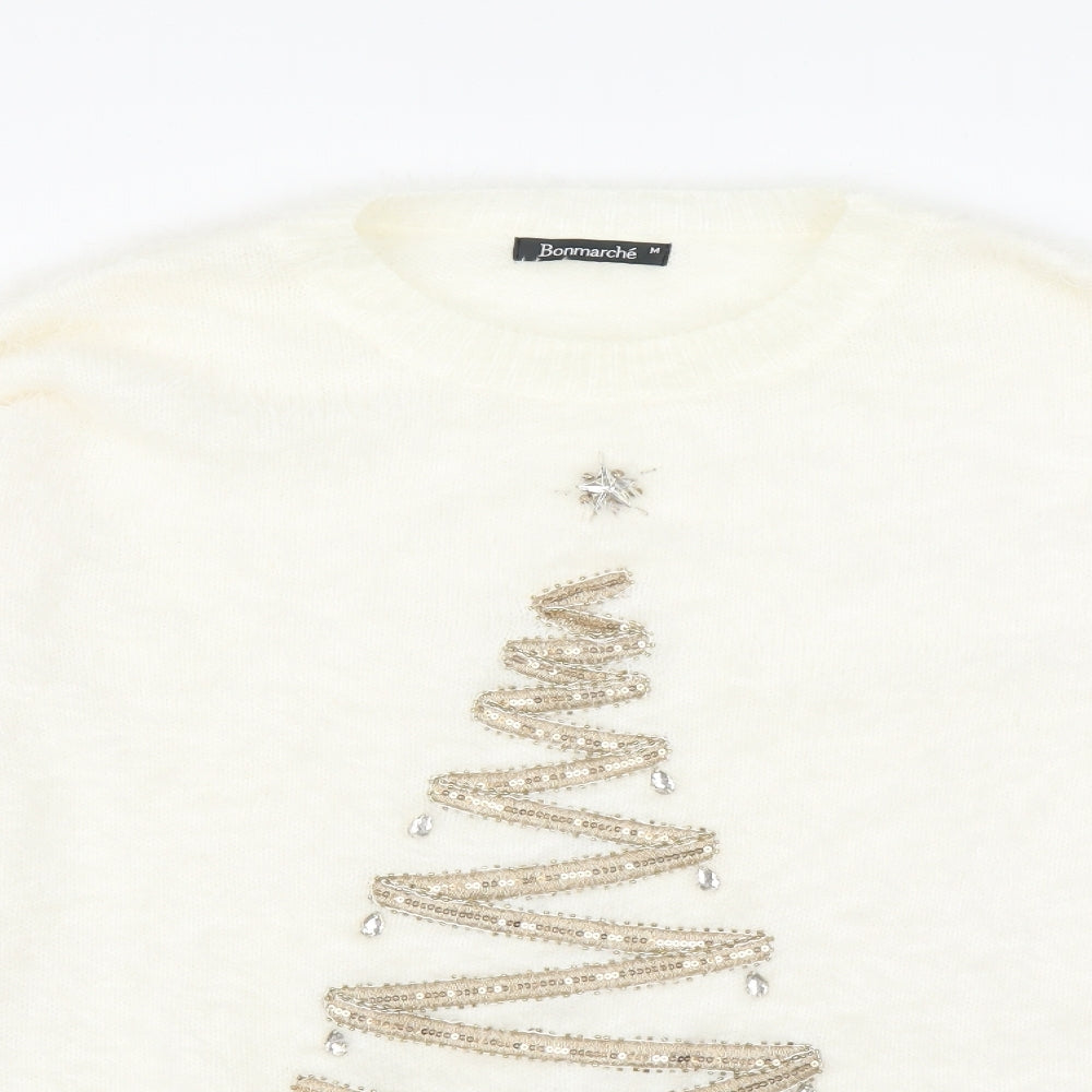 Bonmarché Womens White  Knit Pullover Jumper Size M  - Christmas