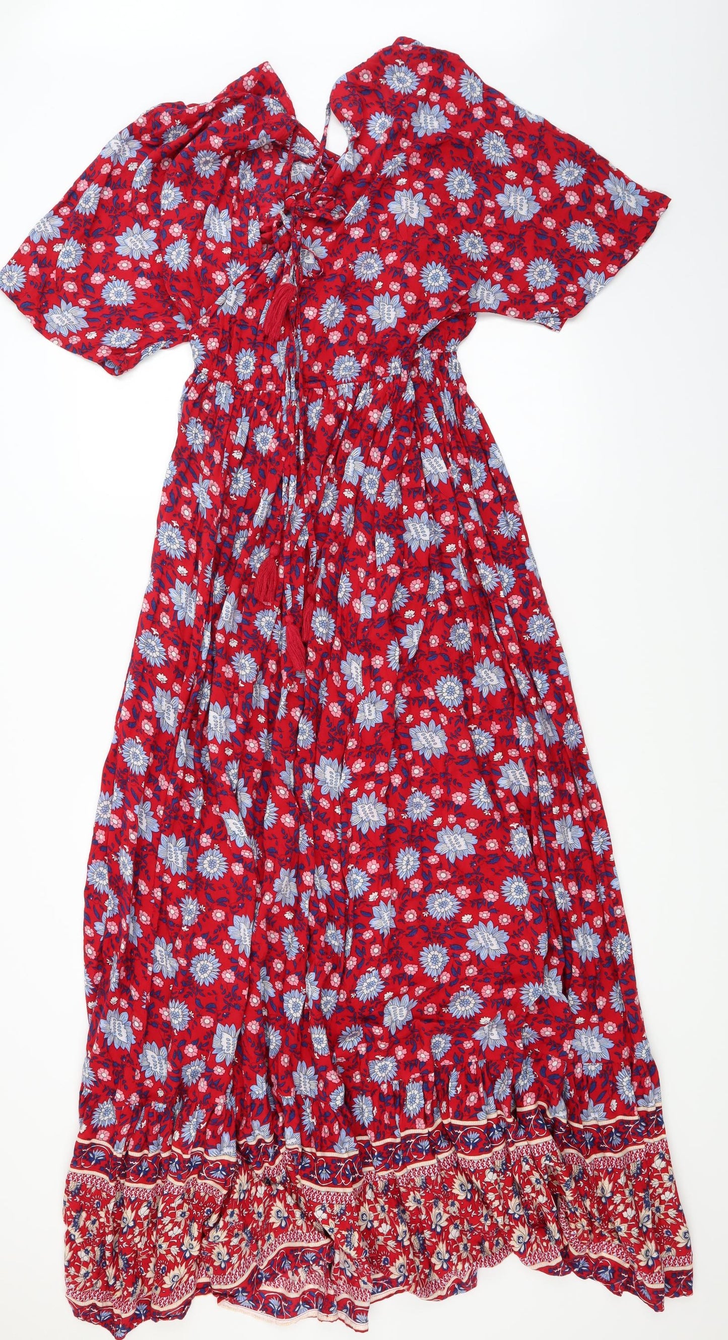 Mango Womens Red Floral  Wrap Dress  Size L  - Elastic Waist