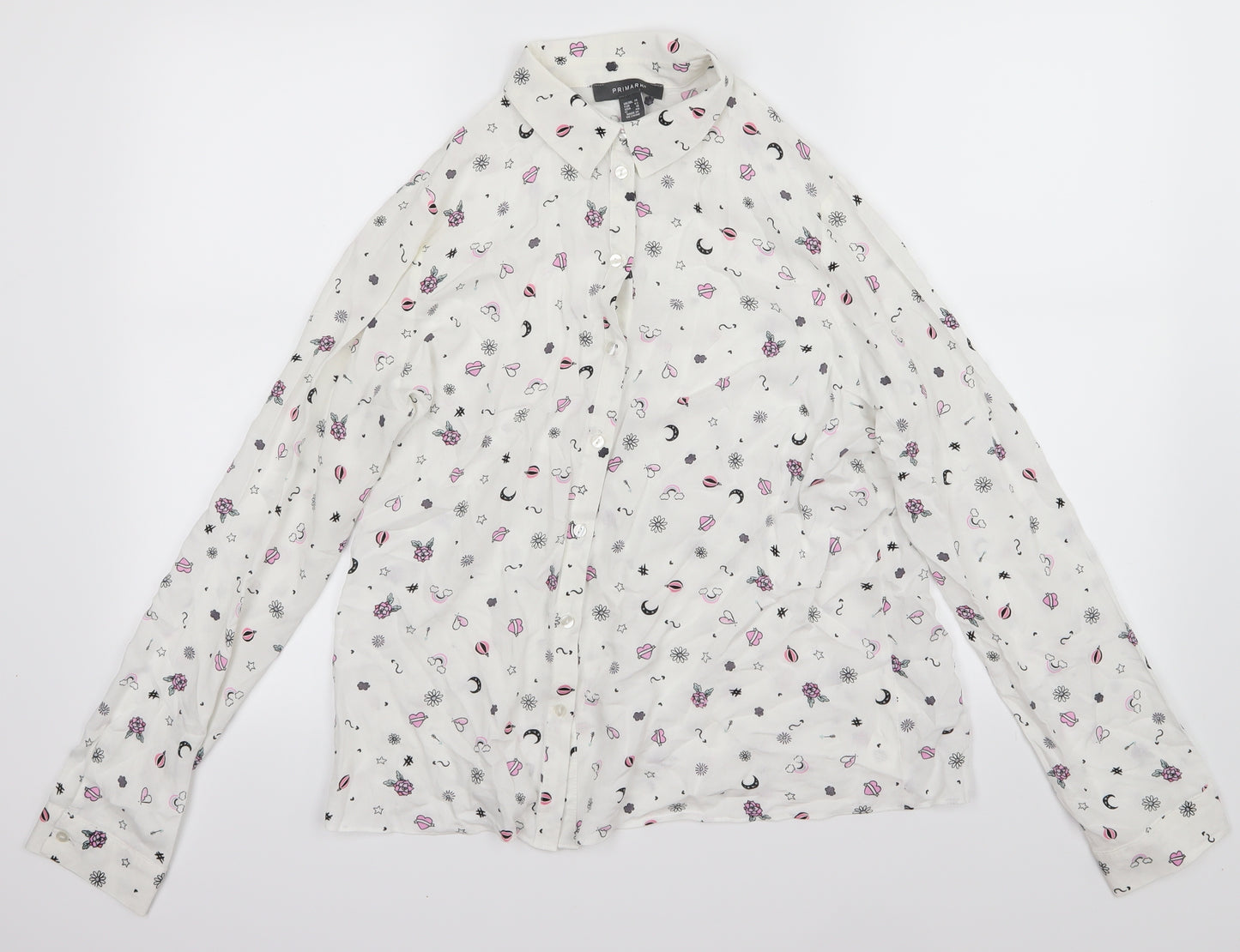 Primark Womens White   Basic Button-Up Size 14  - Hearts moons rainbows