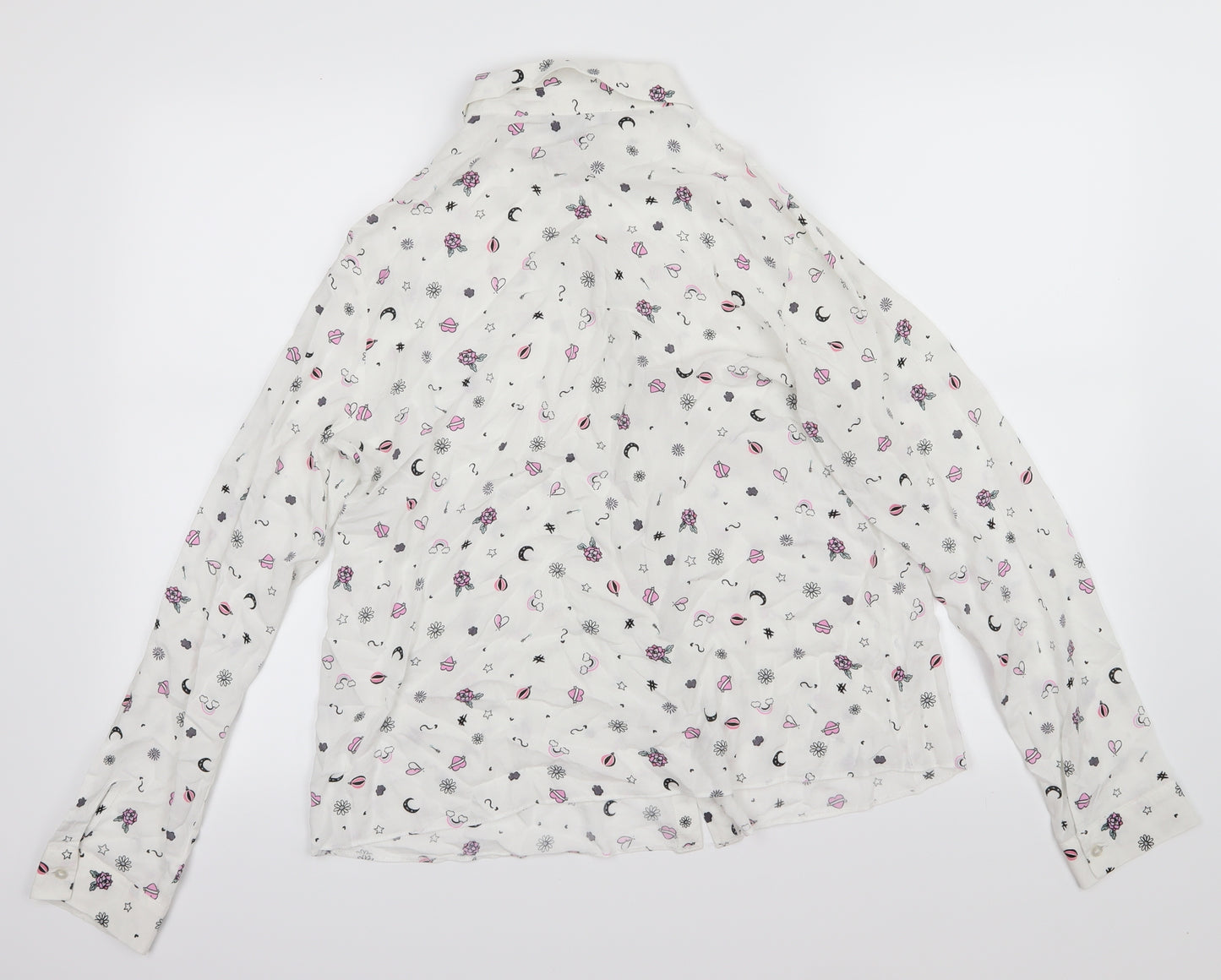 Primark Womens White   Basic Button-Up Size 14  - Hearts moons rainbows