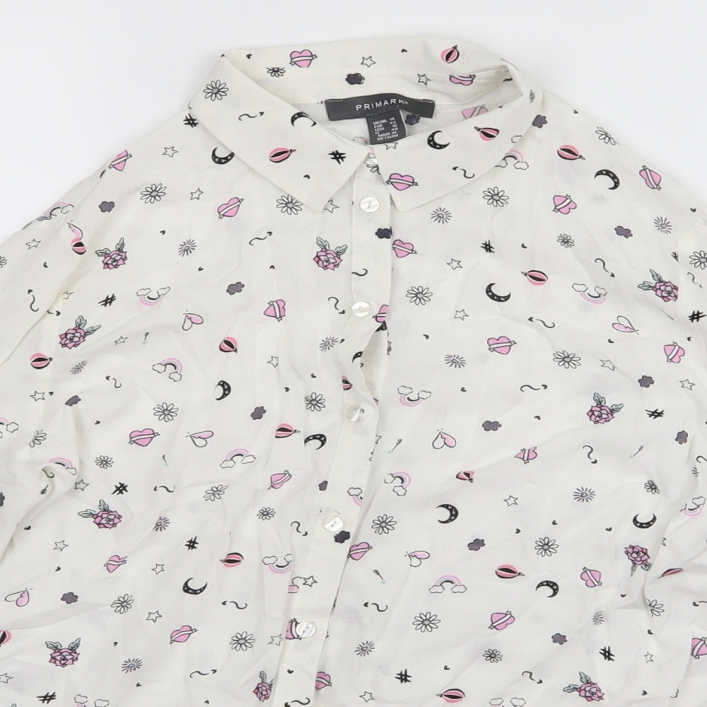 Primark Womens White   Basic Button-Up Size 14  - Hearts moons rainbows