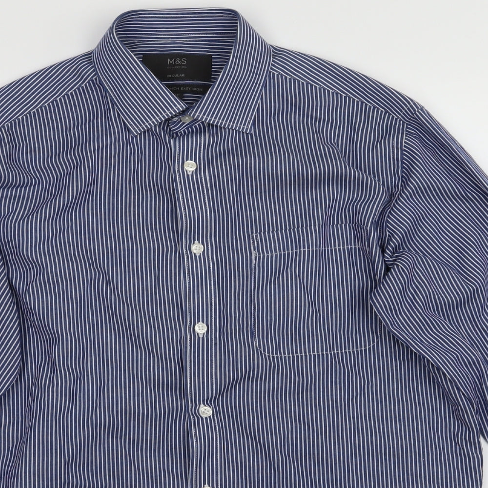 M&S Mens Blue Striped   Button-Up Size M