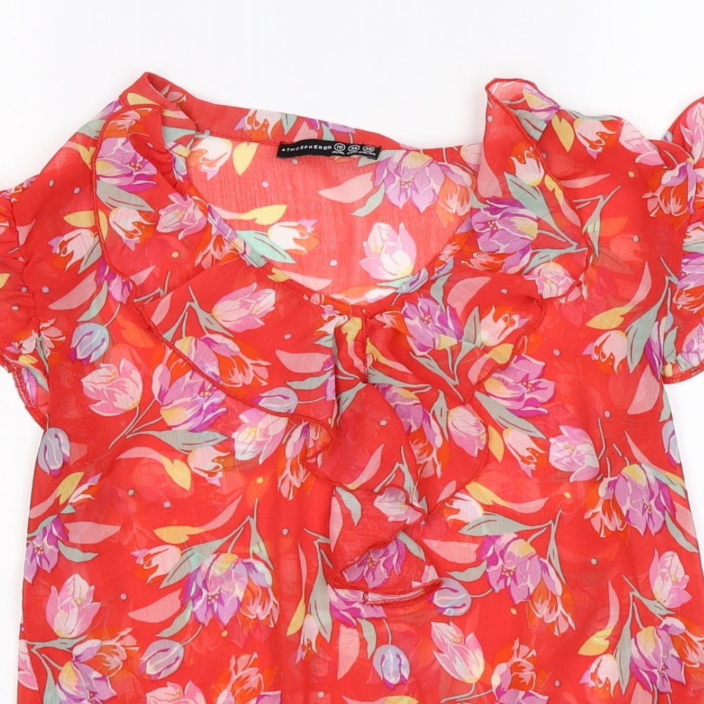 Atmosphere Womens Red Floral Chiffon Tunic Blouse Size 10