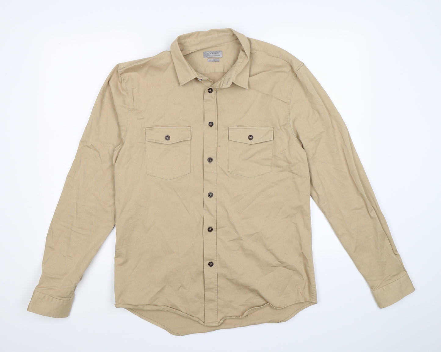 Zara Mens Beige  Denim  Button-Up Size M