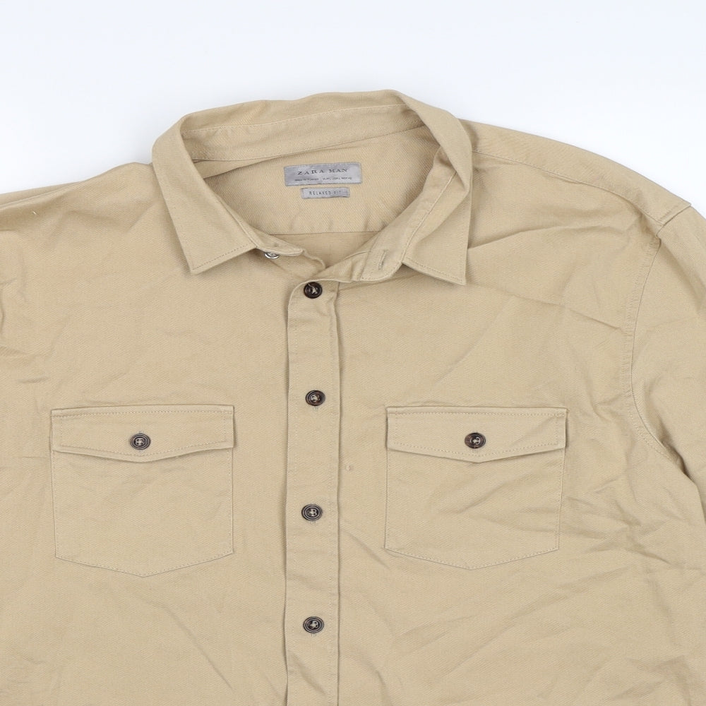 Zara Mens Beige  Denim  Button-Up Size M