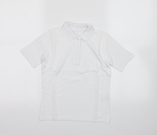 Front view of Lily & Dan girls’ white basic polo, size 6-7, years